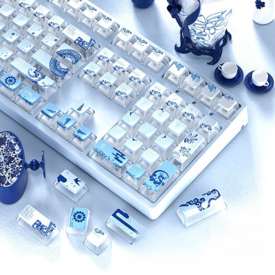 Blue & White Porcelain 104+12 Clear PC+PBT Dye-subbed Pudding Jelly Keycaps Set ASA Profile Mechanical Keyboard